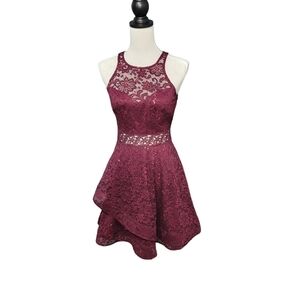 By and By juniors formal fit and flair dress. Bordeaux with lace/sequence size 5